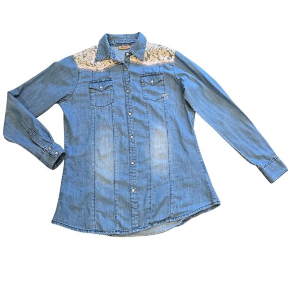 Wrangler Women’s Western Denim Shirt Lace Yoke Pearl Snap Medium - Picture 6 of 11